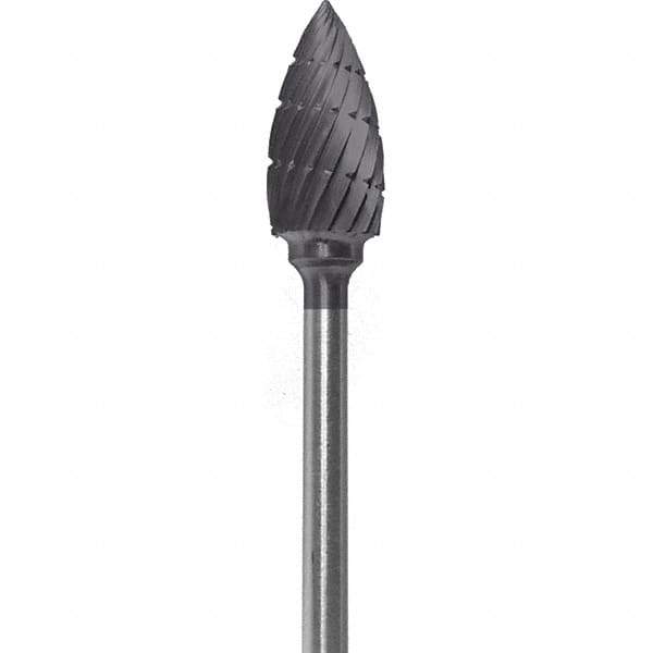 Made in USA - 1/4" Cut Diam, 0.0925" Shank Diam, Flame Head Chipbreaker Cut Burr - Carbide, 1/2" LOC, 2" OAL - Apex Tool & Supply