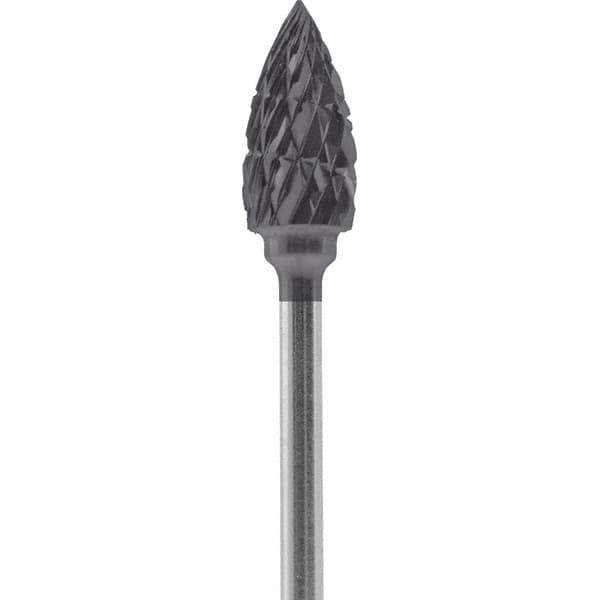 Made in USA - 1/4" Cut Diam, 0.0925" Shank Diam, Flame Head Double Cut Burr - Carbide, 1/2" LOC, 2" OAL - Apex Tool & Supply