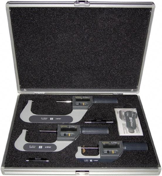 Fowler - 0 to 4" Range, 0.001mm Resolution, IP67, 3 Piece Electronic Outside Micrometer Sets - 0.005mm Accuracy, Ratchet Thimble, Carbide Measuring Face - Apex Tool & Supply