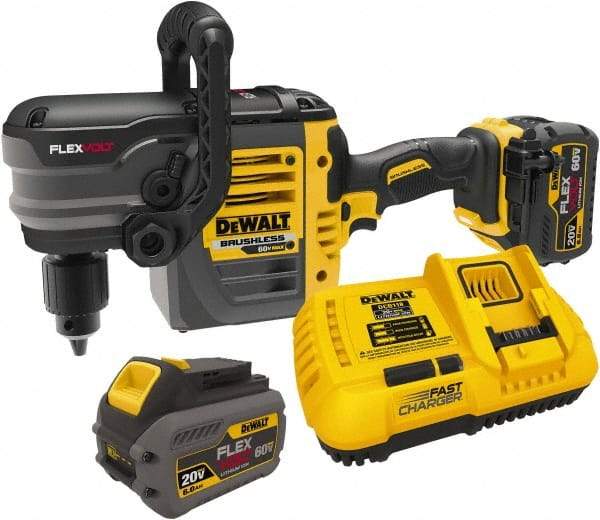 DeWALT - 60 Volt 1/2" Chuck Right Angle Handle Cordless Drill - 0-300 & 0-1200 RPM, Keyed Chuck, 2 Lithium-Ion Batteries Included - Apex Tool & Supply