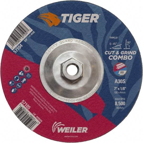 Weiler - 30 Grit, 7" Wheel Diam, 1/8" Wheel Thickness, Type 27 Depressed Center Wheel - Medium Grade, Aluminum Oxide, Resinoid Bond, S Hardness, 8,500 Max RPM - Apex Tool & Supply