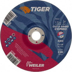 Weiler - 30 Grit, 7" Wheel Diam, 1/8" Wheel Thickness, 7/8" Arbor Hole, Type 27 Depressed Center Wheel - Medium Grade, Aluminum Oxide, Resinoid Bond, S Hardness, 8,500 Max RPM - Apex Tool & Supply