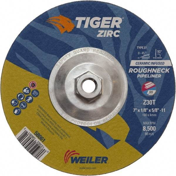 Weiler - 30 Grit, 7" Wheel Diam, 1/8" Wheel Thickness, Type 27 Depressed Center Wheel - Medium Grade, Zirconia Alumina, Resinoid Bond, T Hardness, 8,500 Max RPM - Apex Tool & Supply