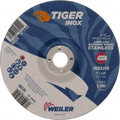 Weiler - 24 Grit, 7" Wheel Diam, 1/4" Wheel Thickness, 7/8" Arbor Hole, Type 27 Depressed Center Wheel - Coarse Grade, Aluminum Oxide, Resinoid Bond, R Hardness, 8,500 Max RPM - Apex Tool & Supply