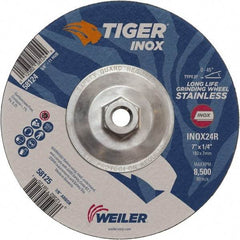 Weiler - 24 Grit, 7" Wheel Diam, 1/4" Wheel Thickness, Type 27 Depressed Center Wheel - Coarse Grade, Aluminum Oxide, Resinoid Bond, R Hardness, 8,500 Max RPM - Apex Tool & Supply