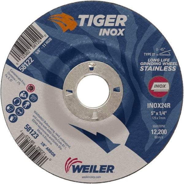 Weiler - 24 Grit, 5" Wheel Diam, 1/4" Wheel Thickness, 7/8" Arbor Hole, Type 27 Depressed Center Wheel - Coarse Grade, Aluminum Oxide, Resinoid Bond, R Hardness, 12,200 Max RPM - Apex Tool & Supply