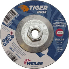 Weiler - 24 Grit, 5" Wheel Diam, 1/4" Wheel Thickness, Type 27 Depressed Center Wheel - Coarse Grade, Aluminum Oxide, Resinoid Bond, R Hardness, 12,200 Max RPM - Apex Tool & Supply