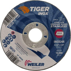 Weiler - 24 Grit, 4-1/2" Wheel Diam, 1/4" Wheel Thickness, 7/8" Arbor Hole, Type 27 Depressed Center Wheel - Coarse Grade, Aluminum Oxide, Resinoid Bond, R Hardness, 13,300 Max RPM - Apex Tool & Supply