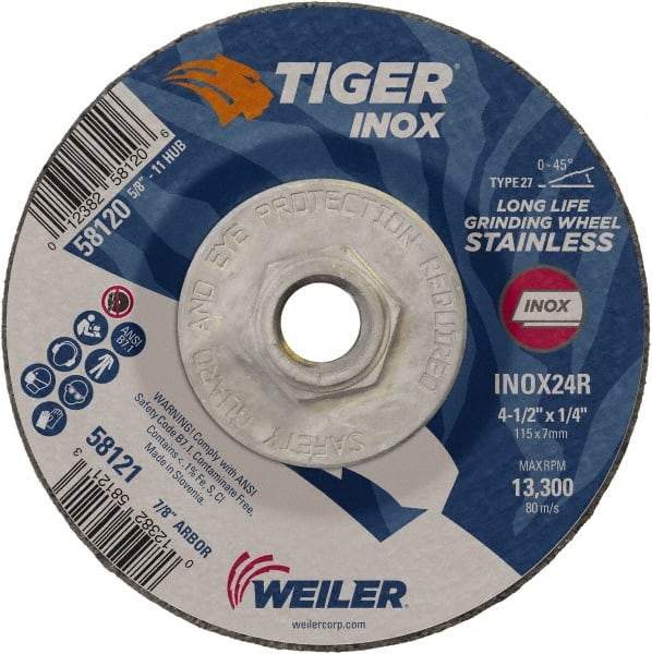 Weiler - 24 Grit, 4-1/2" Wheel Diam, 1/4" Wheel Thickness, Type 27 Depressed Center Wheel - Coarse Grade, Aluminum Oxide, Resinoid Bond, R Hardness, 13,300 Max RPM - Apex Tool & Supply