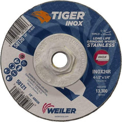 Weiler - 24 Grit, 4-1/2" Wheel Diam, 1/4" Wheel Thickness, Type 27 Depressed Center Wheel - Coarse Grade, Aluminum Oxide, Resinoid Bond, R Hardness, 13,300 Max RPM - Apex Tool & Supply