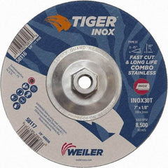 Weiler - 30 Grit, 7" Wheel Diam, 1/8" Wheel Thickness, Type 27 Depressed Center Wheel - Medium Grade, Aluminum Oxide, Resinoid Bond, T Hardness, 8,500 Max RPM - Apex Tool & Supply