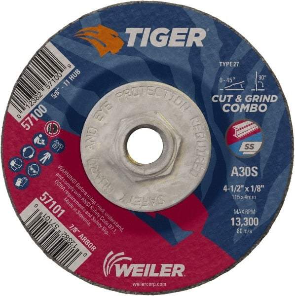 Weiler - 30 Grit, 4-1/2" Wheel Diam, 1/8" Wheel Thickness, Type 27 Depressed Center Wheel - Medium Grade, Aluminum Oxide, Resinoid Bond, S Hardness, 13,300 Max RPM - Apex Tool & Supply