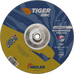 Weiler - 30 Grit, 9" Wheel Diam, 1/8" Wheel Thickness, Type 27 Depressed Center Wheel - Medium Grade, Zirconia Alumina, Resinoid Bond, T Hardness, 6,600 Max RPM - Apex Tool & Supply