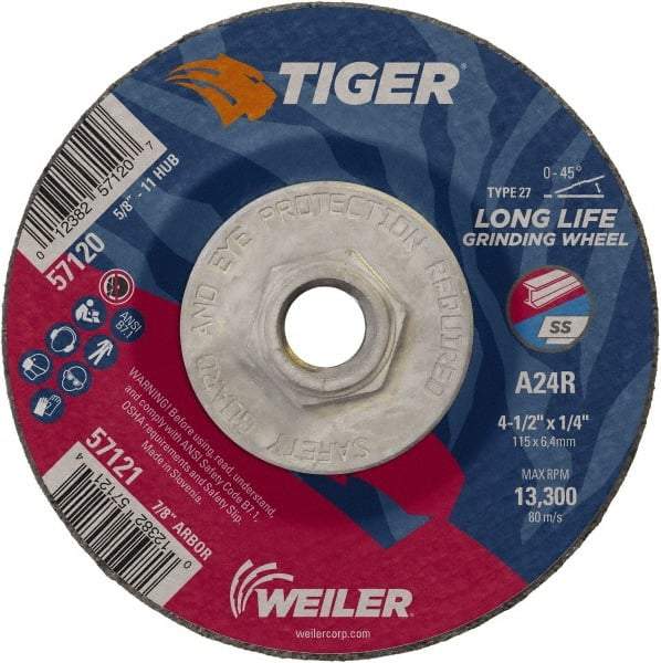 Weiler - 24 Grit, 4-1/2" Wheel Diam, 1/4" Wheel Thickness, Type 27 Depressed Center Wheel - Coarse Grade, Aluminum Oxide, Resinoid Bond, R Hardness, 13,300 Max RPM - Apex Tool & Supply