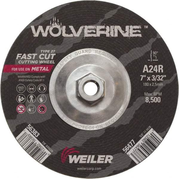 Weiler - 24 Grit, 7" Wheel Diam, 3/32" Wheel Thickness, Type 27 Depressed Center Wheel - Coarse Grade, Aluminum Oxide, Resinoid Bond, R Hardness, 8,500 Max RPM - Apex Tool & Supply