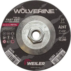 Weiler - 24 Grit, 5" Wheel Diam, 3/32" Wheel Thickness, Type 27 Depressed Center Wheel - Coarse Grade, Aluminum Oxide, Resinoid Bond, T Hardness, 12,200 Max RPM - Apex Tool & Supply