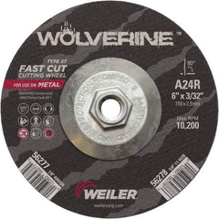 Weiler - 24 Grit, 6" Wheel Diam, 3/32" Wheel Thickness, Type 27 Depressed Center Wheel - Coarse Grade, Aluminum Oxide, Resinoid Bond, R Hardness, 10,200 Max RPM - Apex Tool & Supply