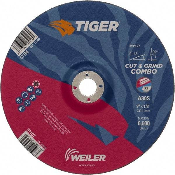 Weiler - 30 Grit, 9" Wheel Diam, 1/8" Wheel Thickness, 7/8" Arbor Hole, Type 27 Depressed Center Wheel - Medium Grade, Aluminum Oxide, Resinoid Bond, S Hardness, 6,600 Max RPM - Apex Tool & Supply