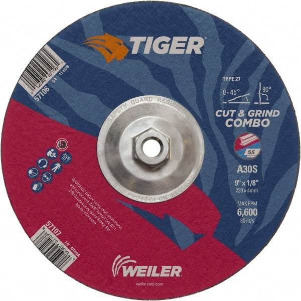 Weiler - 30 Grit, 9" Wheel Diam, 1/8" Wheel Thickness, Type 27 Depressed Center Wheel - Medium Grade, Aluminum Oxide, Resinoid Bond, S Hardness, 6,600 Max RPM - Apex Tool & Supply