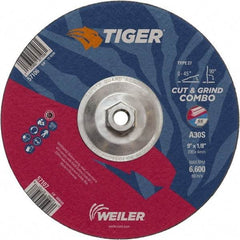 Weiler - 30 Grit, 9" Wheel Diam, 1/8" Wheel Thickness, Type 27 Depressed Center Wheel - Medium Grade, Aluminum Oxide, Resinoid Bond, S Hardness, 6,600 Max RPM - Apex Tool & Supply