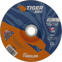 Weiler - 60 Grit, 7" Wheel Diam, 7/8" Arbor Hole, Type 27 Depressed Center Wheel - Medium Grade, Zirconia Alumina, Resinoid Bond, T Hardness, 8,500 Max RPM - Apex Tool & Supply