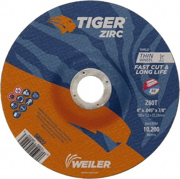 Weiler - 60 Grit, 6" Wheel Diam, 7/8" Arbor Hole, Type 27 Depressed Center Wheel - Medium Grade, Zirconia Alumina, Resinoid Bond, T Hardness, 10,200 Max RPM - Apex Tool & Supply
