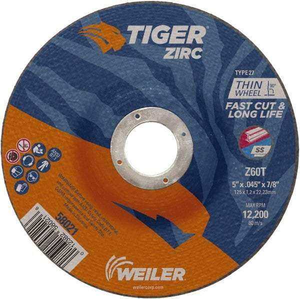 Weiler - 60 Grit, 5" Wheel Diam, 7/8" Arbor Hole, Type 27 Depressed Center Wheel - Medium Grade, Zirconia Alumina, Resinoid Bond, T Hardness, 12,200 Max RPM - Apex Tool & Supply