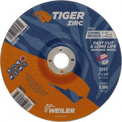 Weiler - 24 Grit, 7" Wheel Diam, 1/4" Wheel Thickness, 7/8" Arbor Hole, Type 27 Depressed Center Wheel - Coarse Grade, Zirconia Alumina, Resinoid Bond, T Hardness, 8,500 Max RPM - Apex Tool & Supply