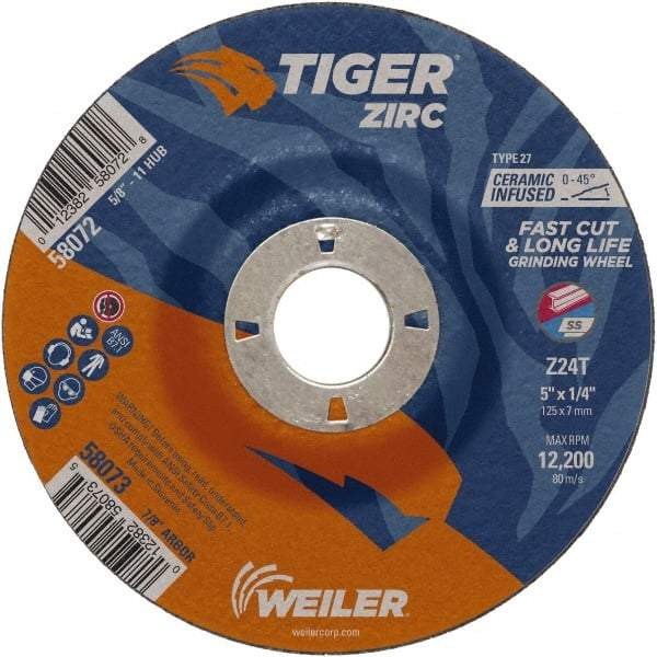 Weiler - 24 Grit, 5" Wheel Diam, 1/4" Wheel Thickness, 7/8" Arbor Hole, Type 27 Depressed Center Wheel - Coarse Grade, Zirconia Alumina, Resinoid Bond, T Hardness, 12,200 Max RPM - Apex Tool & Supply