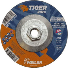 Weiler - 24 Grit, 5" Wheel Diam, 1/4" Wheel Thickness, Type 27 Depressed Center Wheel - Coarse Grade, Zirconia Alumina, Resinoid Bond, T Hardness, 12,200 Max RPM - Apex Tool & Supply