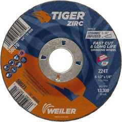 Weiler - 24 Grit, 4-1/2" Wheel Diam, 1/4" Wheel Thickness, 7/8" Arbor Hole, Type 27 Depressed Center Wheel - Coarse Grade, Zirconia Alumina, Resinoid Bond, T Hardness, 13,300 Max RPM - Apex Tool & Supply