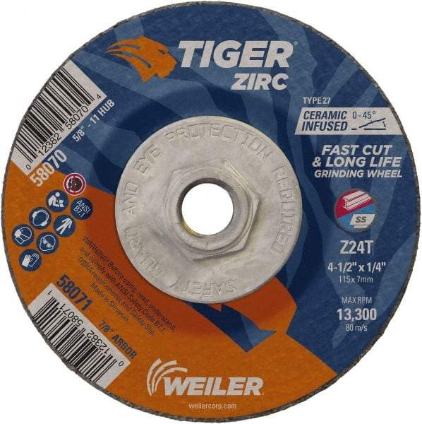 Weiler - 24 Grit, 4-1/2" Wheel Diam, 1/4" Wheel Thickness, Type 27 Depressed Center Wheel - Coarse Grade, Zirconia Alumina, Resinoid Bond, T Hardness, 13,300 Max RPM - Apex Tool & Supply