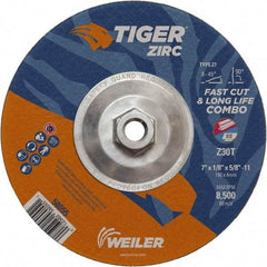 Weiler - 30 Grit, 7" Wheel Diam, 1/8" Wheel Thickness, Type 27 Depressed Center Wheel - Medium Grade, Zirconia Alumina, Resinoid Bond, T Hardness, 8,500 Max RPM - Apex Tool & Supply