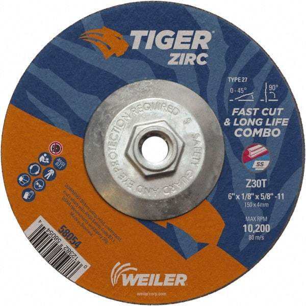 Weiler - 30 Grit, 6" Wheel Diam, 1/8" Wheel Thickness, Type 27 Depressed Center Wheel - Medium Grade, Zirconia Alumina, Resinoid Bond, T Hardness, 10,200 Max RPM - Apex Tool & Supply