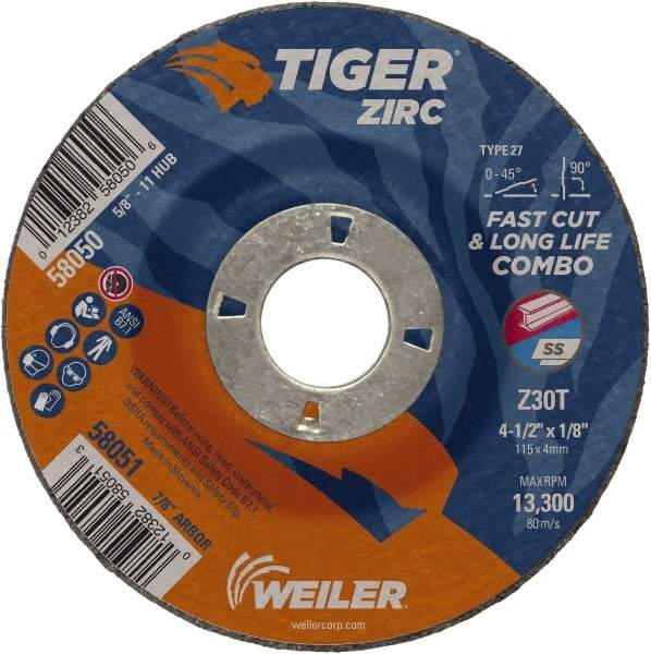 Weiler - 30 Grit, 4-1/2" Wheel Diam, 1/8" Wheel Thickness, 7/8" Arbor Hole, Type 27 Depressed Center Wheel - Medium Grade, Zirconia Alumina, Resinoid Bond, T Hardness, 13,300 Max RPM - Apex Tool & Supply