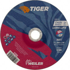 Weiler - 60 Grit, 7" Wheel Diam, 7/8" Arbor Hole, Type 27 Depressed Center Wheel - Medium Grade, Aluminum Oxide, Resinoid Bond, T Hardness, 8,500 Max RPM - Apex Tool & Supply