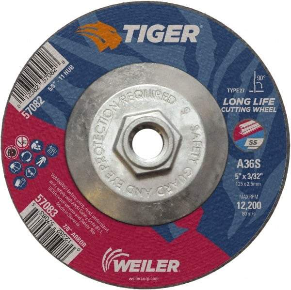 Weiler - 60 Grit, 5" Wheel Diam, 3/32" Wheel Thickness, Type 27 Depressed Center Wheel - Medium Grade, Aluminum Oxide, Resinoid Bond, T Hardness, 12,200 Max RPM - Apex Tool & Supply