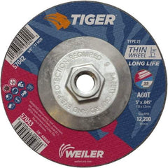 Weiler - 60 Grit, 5" Wheel Diam, Type 27 Depressed Center Wheel - Medium Grade, Aluminum Oxide, Resinoid Bond, T Hardness, 12,200 Max RPM - Apex Tool & Supply