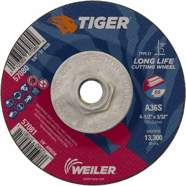 Weiler - 60 Grit, 4-1/2" Wheel Diam, 3/32" Wheel Thickness, Type 27 Depressed Center Wheel - Medium Grade, Aluminum Oxide, Resinoid Bond, T Hardness, 13,300 Max RPM - Apex Tool & Supply