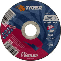 Weiler - 60 Grit, 4-1/2" Wheel Diam, Type 27 Depressed Center Wheel - Medium Grade, Aluminum Oxide, Resinoid Bond, T Hardness, 13,300 Max RPM - Apex Tool & Supply