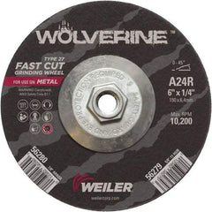 Weiler - 24 Grit, 6" Wheel Diam, 1/4" Wheel Thickness, Type 27 Depressed Center Wheel - Coarse Grade, Aluminum Oxide, Resinoid Bond, R Hardness, 10,200 Max RPM - Apex Tool & Supply