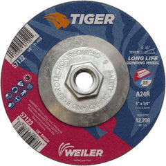 Weiler - 24 Grit, 5" Wheel Diam, 1/4" Wheel Thickness, Type 27 Depressed Center Wheel - Coarse Grade, Aluminum Oxide, Resinoid Bond, R Hardness, 12,200 Max RPM - Apex Tool & Supply