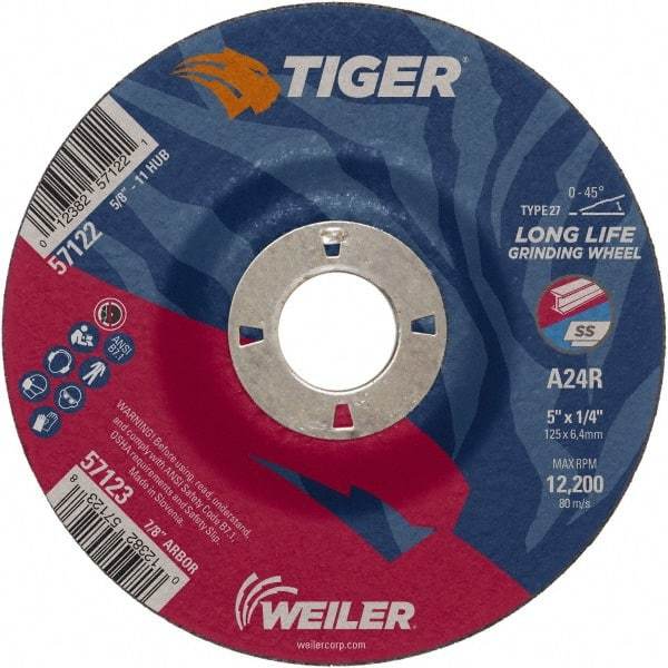Weiler - 24 Grit, 5" Wheel Diam, 1/4" Wheel Thickness, 7/8" Arbor Hole, Type 27 Depressed Center Wheel - Coarse Grade, Aluminum Oxide, Resinoid Bond, R Hardness, 12,200 Max RPM - Apex Tool & Supply
