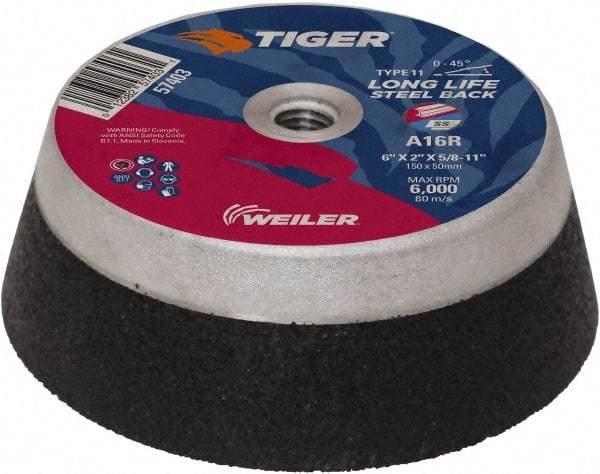 Weiler - 6" Diam, 5/8" Hole Size, 2" Overall Thickness, 16 Grit, Type 11 Tool & Cutter Grinding Wheel - Very Coarse Grade, Aluminum Oxide, R Hardness, Resinoid Bond, 6,000 RPM - Apex Tool & Supply
