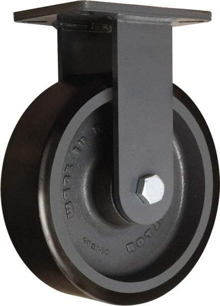 Hamilton - 10" Diam x 3" Wide x 12-1/2" OAH Top Plate Mount Rigid Caster - Polyurethane Mold onto Cast Iron Center, 3,900 Lb Capacity, Tapered Roller Bearing, 5-1/4 x 7-1/4" Plate - Apex Tool & Supply