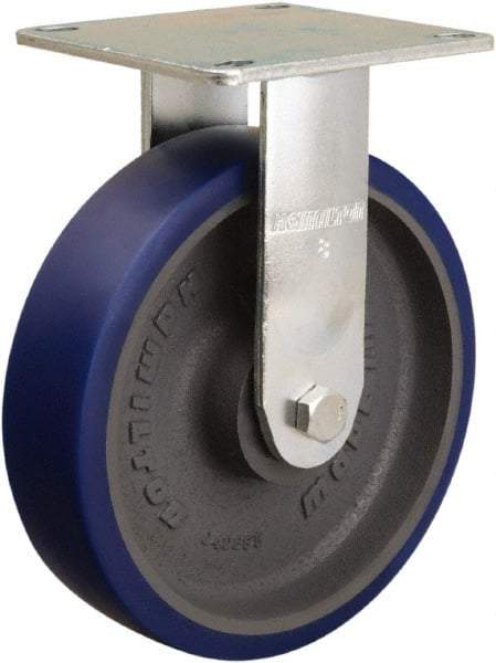 Hamilton - 8" Diam x 2" Wide x 9-1/2" OAH Top Plate Mount Rigid Caster - Polyurethane Mold onto Cast Iron Center, 900 Lb Capacity, Sealed Precision Ball Bearing, 5 x 5-1/2" Plate - Apex Tool & Supply