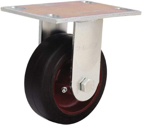Hamilton - 5" Diam x 2" Wide x 6-1/2" OAH Top Plate Mount Rigid Caster - Rubber Mold on Cast Iron, 350 Lb Capacity, Straight Roller Bearing, 4-1/2 x 6-1/4" Plate - Apex Tool & Supply