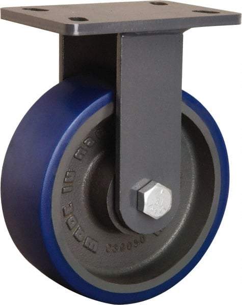 Hamilton - 8" Diam x 3" Wide x 10-1/4" OAH Top Plate Mount Rigid Caster - Polyurethane Mold onto Cast Iron Center, 2,000 Lb Capacity, Tapered Roller Bearing, 5 x 7" Plate - Apex Tool & Supply