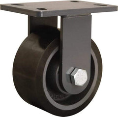 Hamilton - 6" Diam x 3" Wide x 7-3/4" OAH Top Plate Mount Rigid Caster - Polyurethane Mold onto Cast Iron Center, 2,200 Lb Capacity, Tapered Roller Bearing, 5 x 7" Plate - Apex Tool & Supply