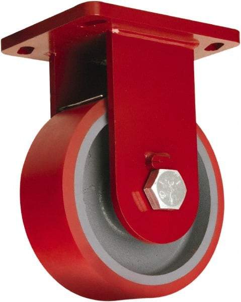 Hamilton - 8" Diam x 3" Wide x 10-1/2" OAH Top Plate Mount Rigid Caster - Polyurethane Mold onto Cast Iron Center, 3,000 Lb Capacity, Sealed Precision Ball Bearing, 6-1/2 x 7-1/2" Plate - Apex Tool & Supply
